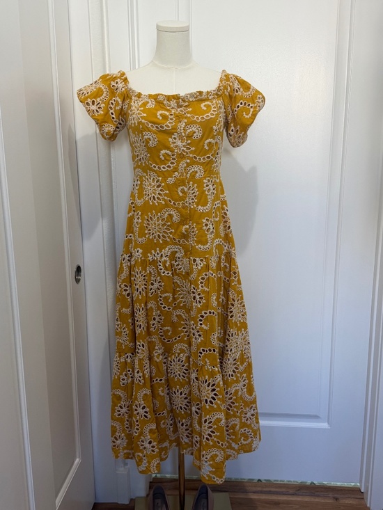 Astr the label Dresses & Skirts - ASTR the Label Mustard Yellow Eyelet Tiered Midi Dress